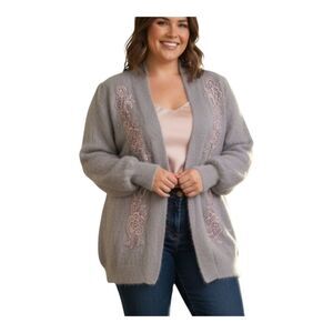 Angora Sweater Open Cardigan Tunic Length Embroidery Pearls Rhinestones VINTAGE